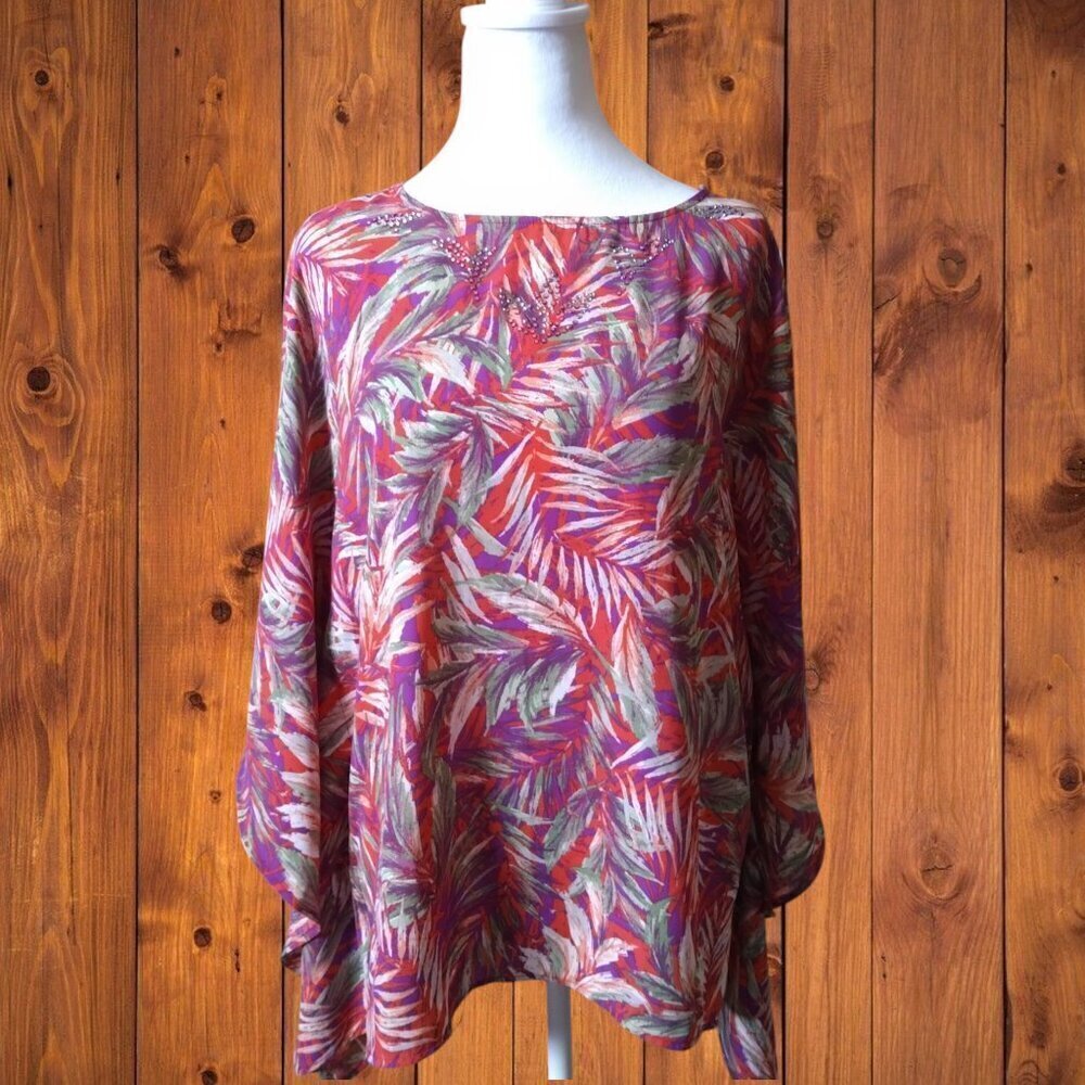 Quacker Factory Size Small Oversized Beaded Floral Pink Kimono Blouse Top